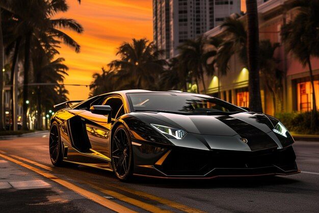 Lamborghini aventador na avenida de Miami ao pôr do sol _ imagem Premium gerada com IA